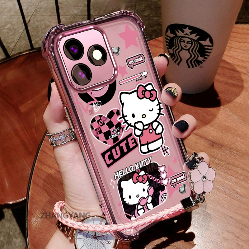สําหรับ OPPO A5 Pro 5G Electroplated สี่มุมกันกระแทกเคสโทรศัพท์ความงามน่ารักลายตารางหมากรุกลูกแมวออกแบบใหม่ฟรีประณีตมือเชือก