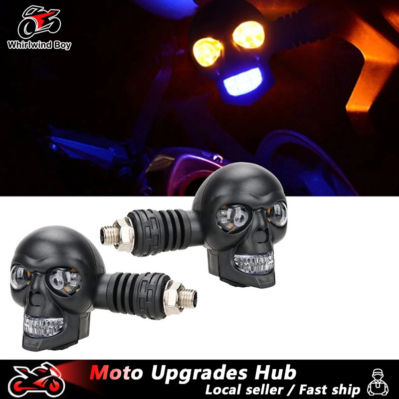 AFFOTOM Universal รถจักรยานยนต์ LED ไฟเลี้ยว 2 ชิ้น Skull Head รูปร่าง Amber โคมไฟสําหรับ Cruiser Chopper Bobber