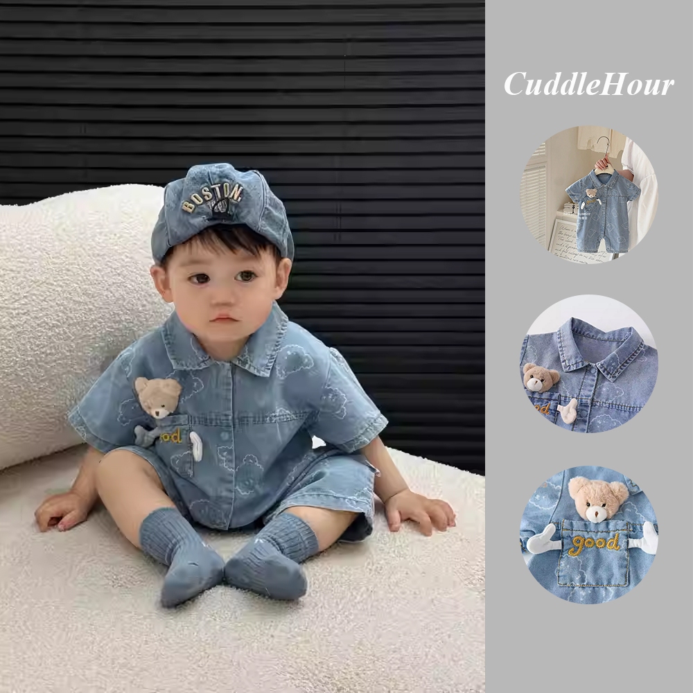 ชุดนอนเด็กทารกแขนสั้น ลายหมีสีฟ้าสไตล์คาวบอย ทำจากผ้าฝ้ายนุ่ม สบายตัว สำหรับทารกอายุ 0-24 เดือน