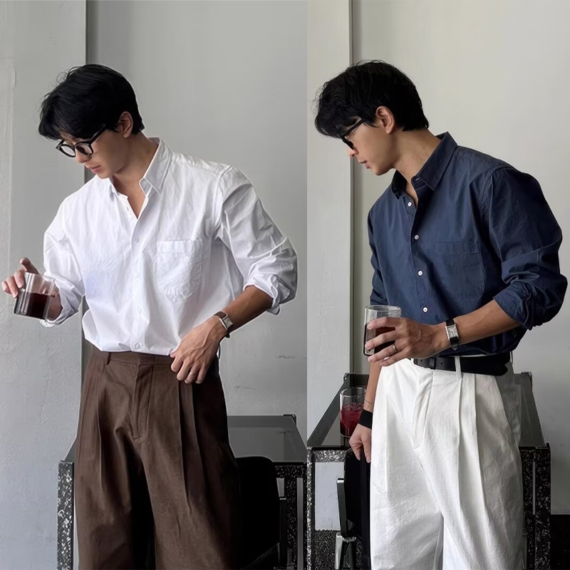 เสื้อแขนยาวแบบปกแข็งผู้ชาย ออกแบบเรียบง่ายและเบา สีฟ้า, สีขาว และสีดำ M-3XL