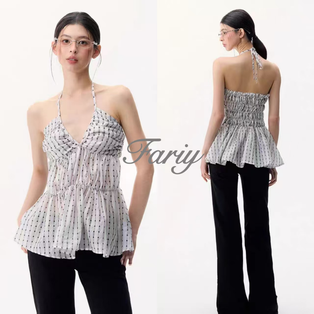 Fariy🍒คลังสินค้าพร้อม🍒 เสื้อกล้ามคอวีลูกไม้สำหรับผู้หญิง ดีไซน์ฤดูร้อน เน้นช่วงเอวและสะโพก แขนกุด สำหรับสาวฮอต