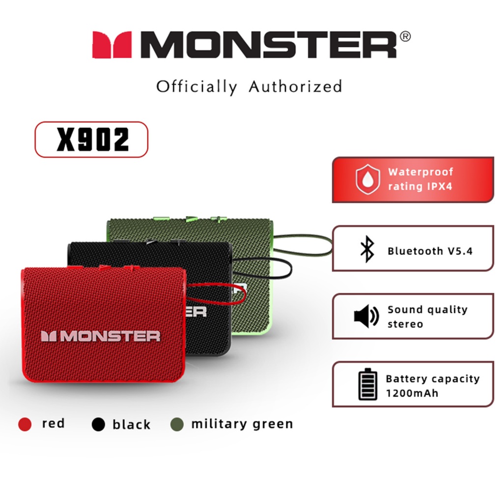 MONSTER X902 บลูทูธเสียงลําโพงแบบพกพาสเตอริโอซับวูฟเฟอร์กันน้ําระดับ IPX4