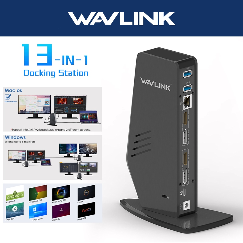 WAVLINK Displaylink Docking Station พร้อม Dual HDMI/DP USB C USB 3.0 อะแดปเตอร์เสียงและไมค์สําหรับ M