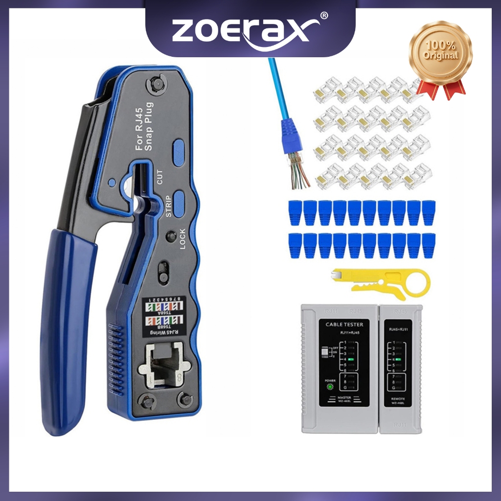 Zoerax RJ45 ชุดเครื่องมือจีบผ่านอีเธอร์เน็ต และตัวทดสอบ สําหรับ Cat5e Cat6 Cat6a 8P8C