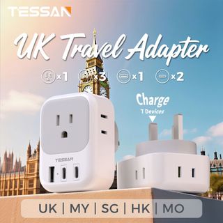 TESSAN Type G Plug Adapter with USB+Type C,Conversion Plug Adaptor for Hongkong Singapore MY UK
