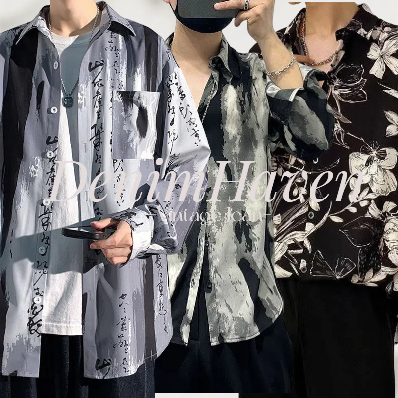 🔥D.H🔥 เสื้อเชิ้ตผู้ชาย เสื้อเชิ้ตแขนยาว สไตล์วินเทจ ลายมัดย้อมหมึกจีน หรูหรา ลายดอกเล็กๆ ใส่ได้หลายแบบ ทรงหลวม บางเบา ระบายอากาศได้ดี