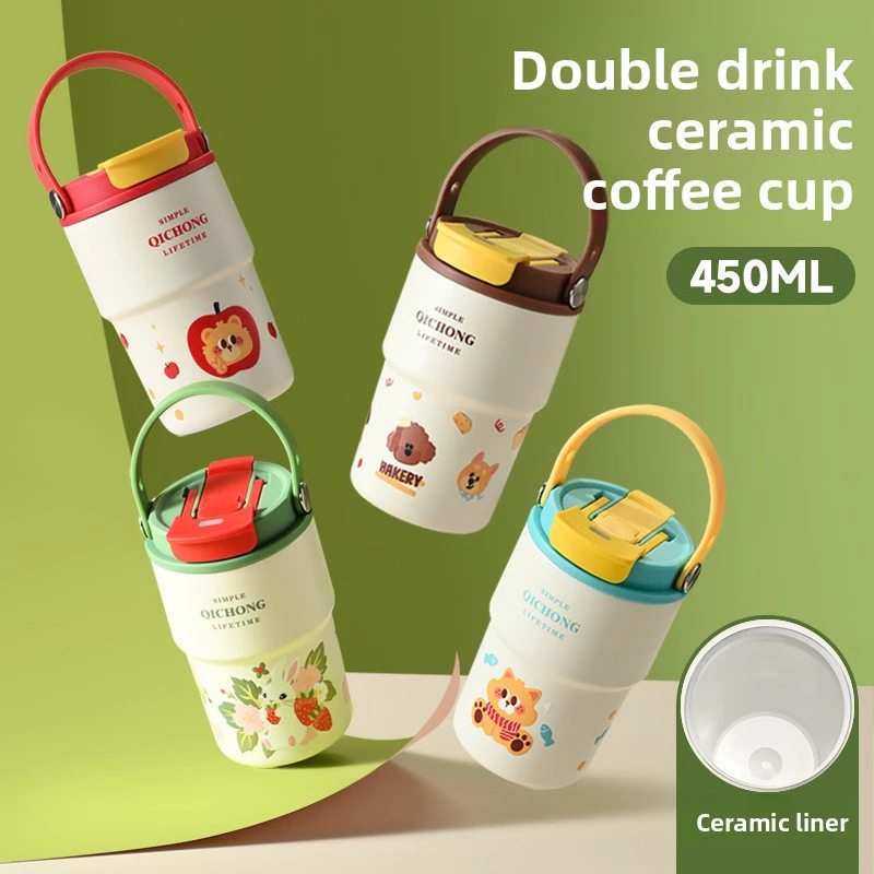 🍒【พร้อมส่งจากไทย】แก้วกาแฟสแตนเลส316+เซรามิกด้านในแท้ 💯 เก็บร้อน/เย็น 450ml พกพาสะดวก หูหิ้วแข็งแรง ไม่รั่วแน่นอน