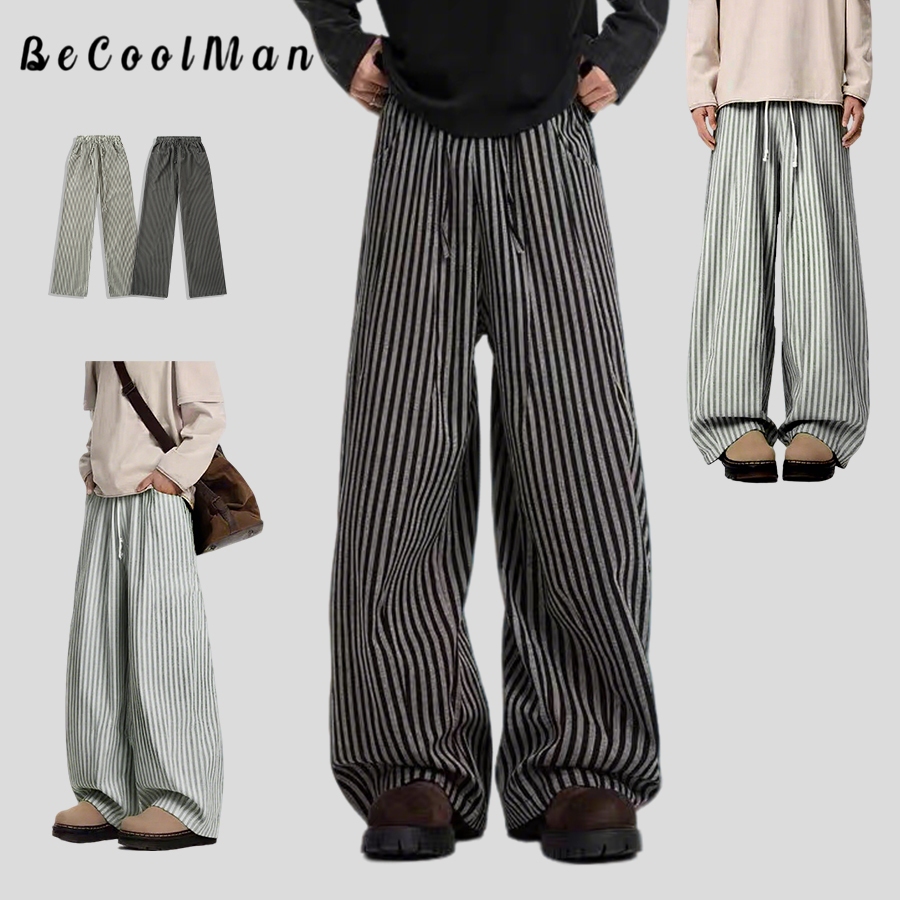 💥BECoolMan💥สไตล์อเมริกัน กางเกงขายาวลายทาง แบรนด์ยอดนิยม กางเกงผู้ชาย แมทช์ลุคง่าย รุ่นคู่รักชายหญิง แบบหลวม ไซส์ใหญ่