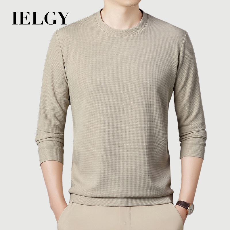 IELGY วาฟเฟิล เสื้อยืดแขนยาวผู้ชายใหม่สีทึบรอบคอสบายๆทุกการแข่งขันเสื้อกันหนาวเสื้อฐานที่เรียบง่าย