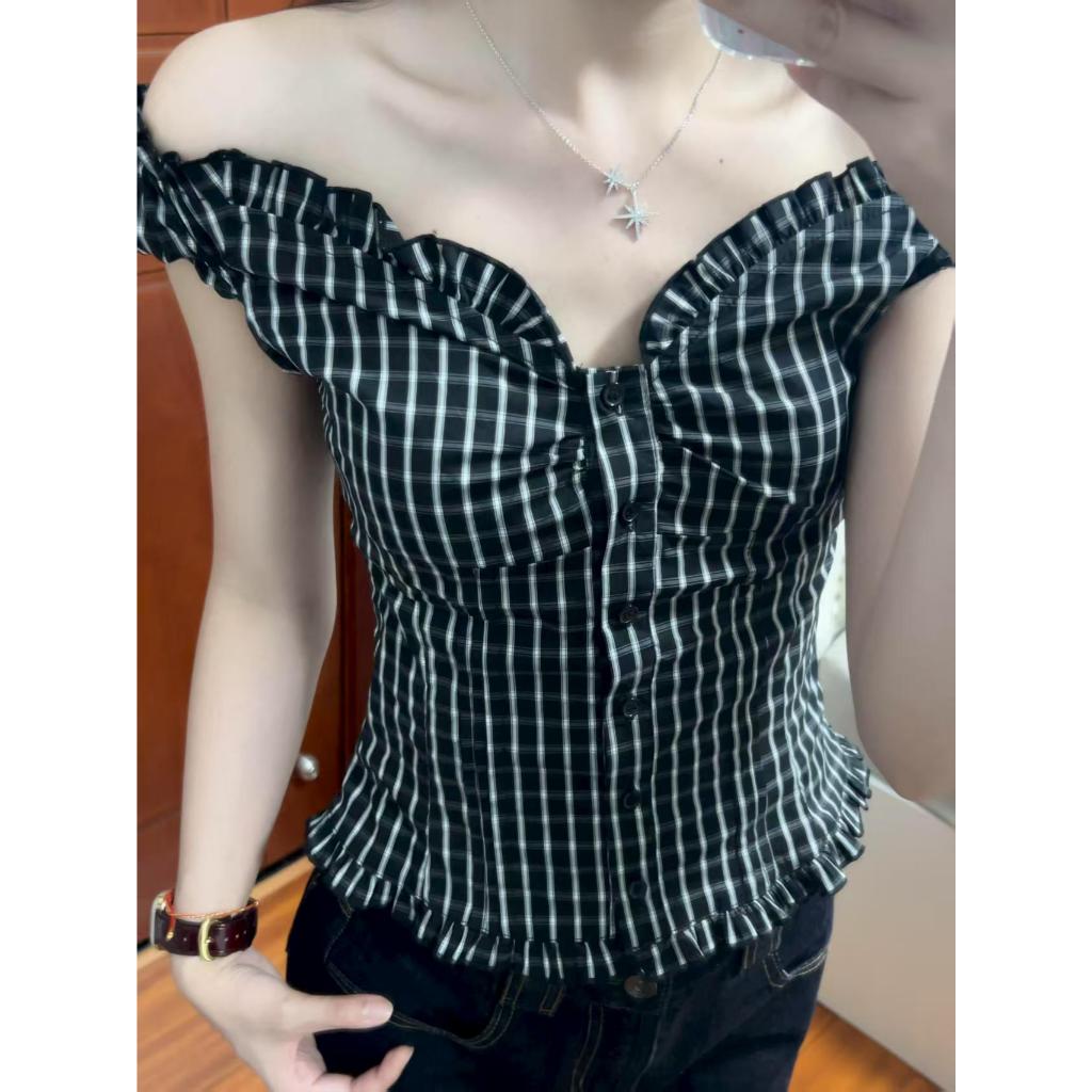 Fariy🍒คลังสินค้าพร้อม🍒 เสื้อเชิ้ตลายสก็อตสีดำสไตล์เรโทรสุดฮอตสำหรับผู้หญิง ทรงสั้นเปิดไหล่ ทรงเข้ารูปช่วงเอว - รูปที่ 7