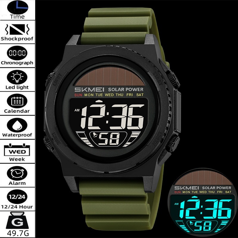 Skmei พลังงานแสงอาทิตย์บุรุษกีฬานาฬิกาวันที่สัปดาห์จอแสดงผลแฟชั่นสายรัด TPU LED กันน้ําดิจิตอลโครโนกราฟ