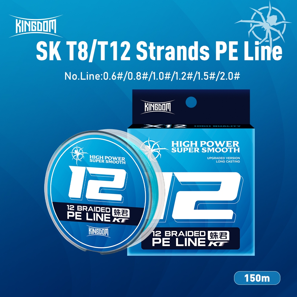 Kingdom SK T8/T12 สายตกปลา 150m 8/12 Strands Braided PE Line 0.6# 0.8# 1.0# 1.2# 0.5# 2.0# 12-38LB H