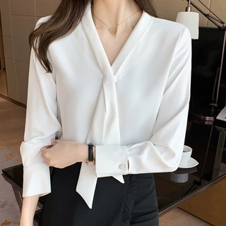 เสื้อเบลาส์สําหรับผู้หญิงเกาหลี สีทึบ คอวี แฟชั่นแขนยาวด้านบน ซาติน,สไตล์ลำลอง เสื้อทำงาน