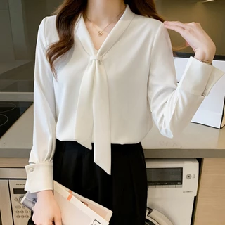 เสื้อเบลาส์สําหรับผู้หญิงเกาหลี สีทึบ คอวี แฟชั่นแขนยาวด้านบน ซาติน,สไตล์ลำลอง เสื้อทำงาน