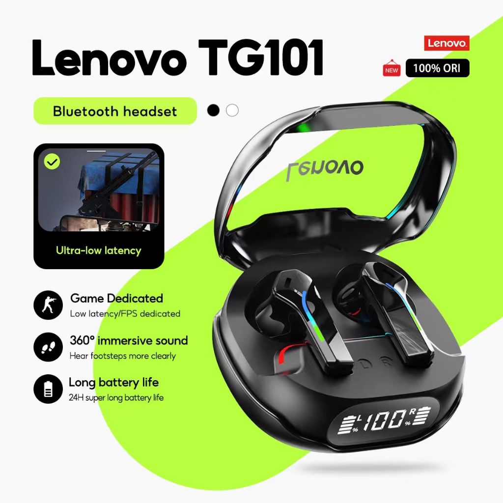 Lenovo TG101 TWS เสียงสเตอริโอ HD อายุการใช้งานแบตเตอรี่ยาวนาน ความหน่วงต่ำ พร้อมไมโครโฟน หูฟังบลูทูธสำหรับเล่นเกม พร้อมไฟ RGB