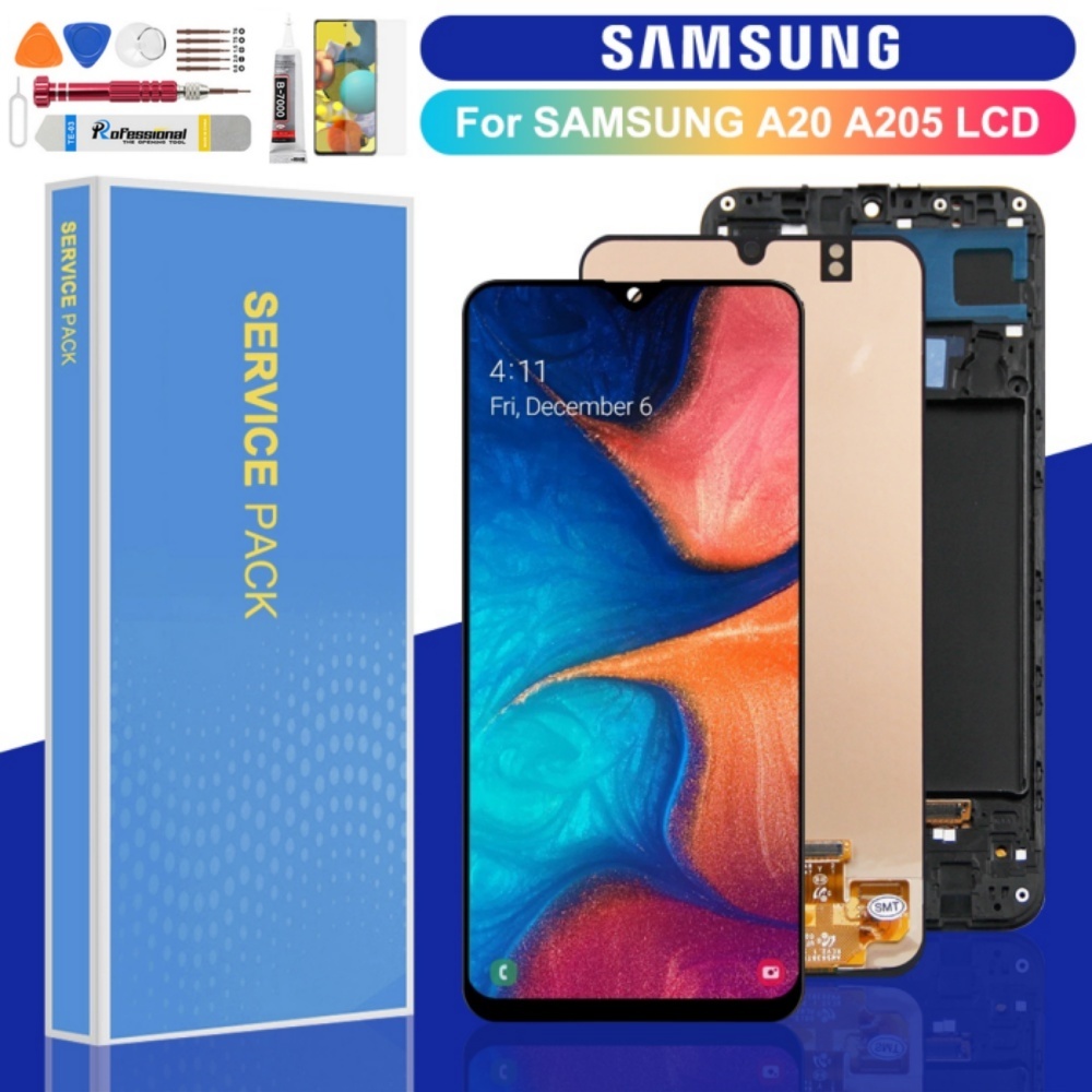 AMOLED สําหรับ Samsung Galaxy A20 จอแสดงผล LCD Touch Screen Digitizer Assembly กรอบ A205/DS A205F A2