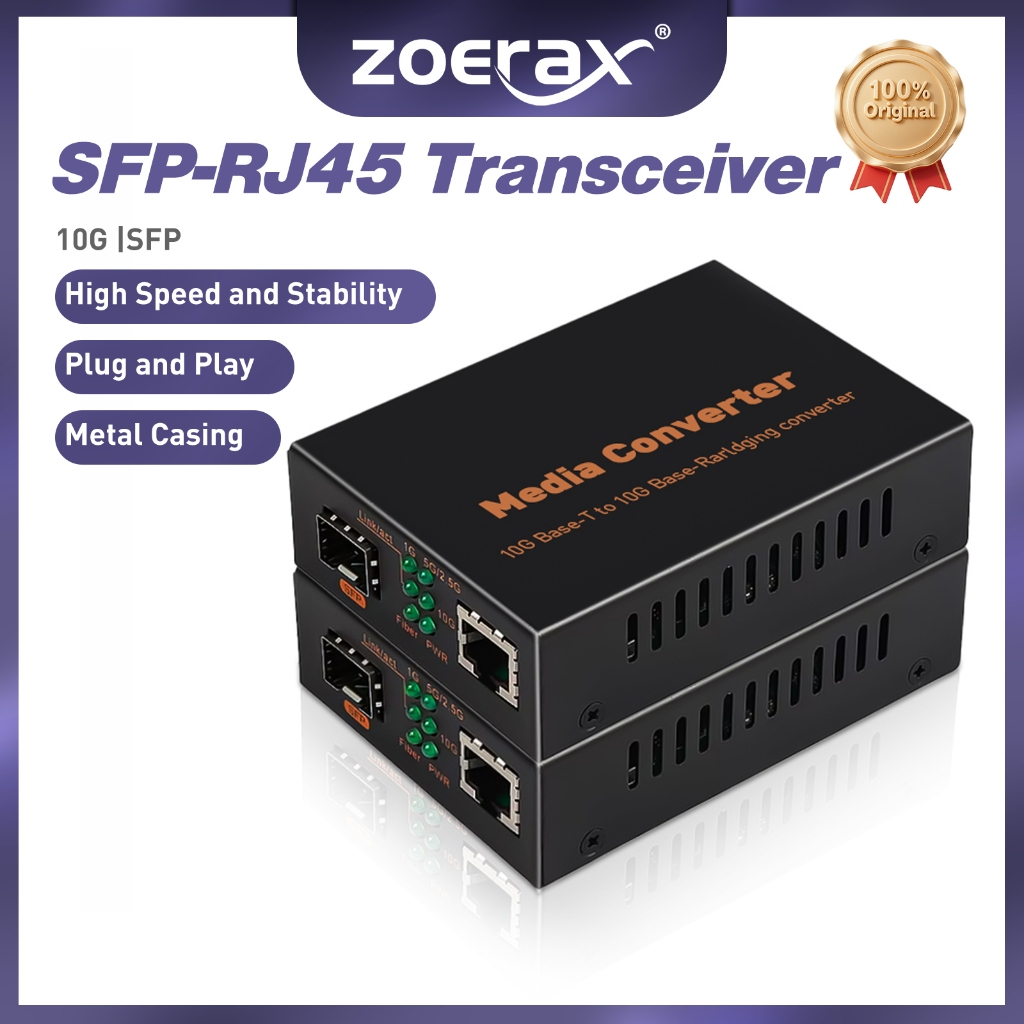 Zoerax 10G Fiber Media Converter 10GBase-T RJ45 ถึง SFP+ LC 10G Ethernet Converter 1/2.5/5/10G Multi