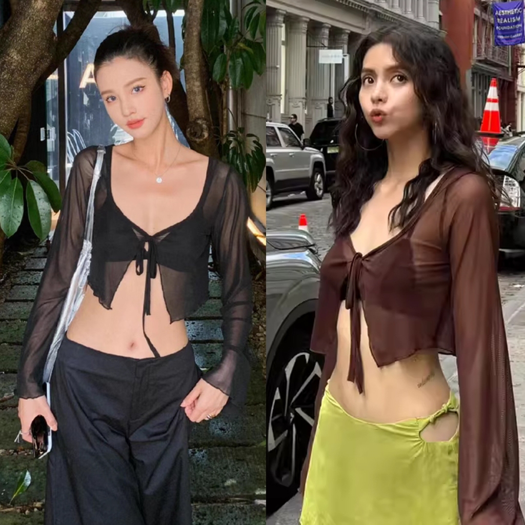 [ส่งจากไทย]- เสื้อครอปท็อป เสื้อคาร์ดิแกน แขนยาว ผ้าตาข่าย สีพื้น สําหรับผู้หญิง