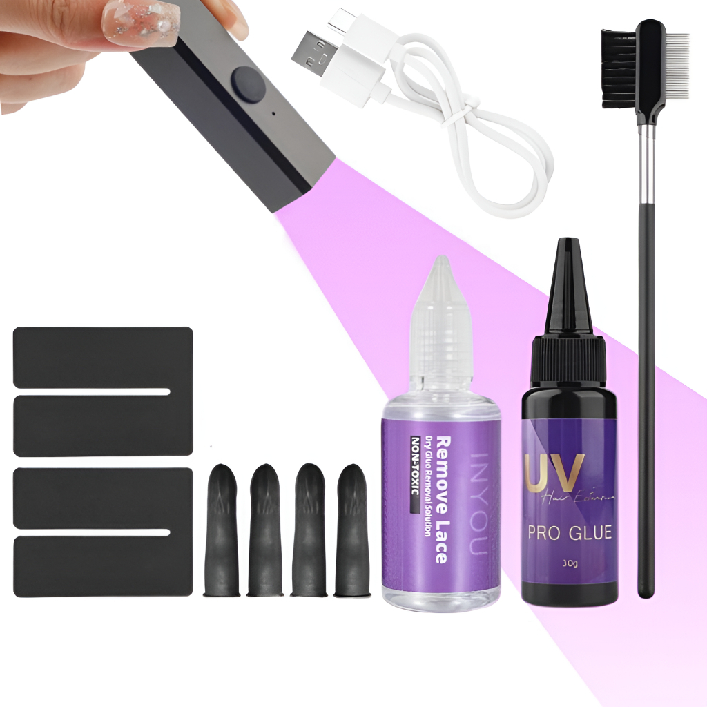 โคมไฟ UV ชุดเครื่องมือต่อผม UV กาวผมพร้อมโคมไฟ UV Anti-UV Shield Guards กาว Remover เครื่องขยาย UV ส