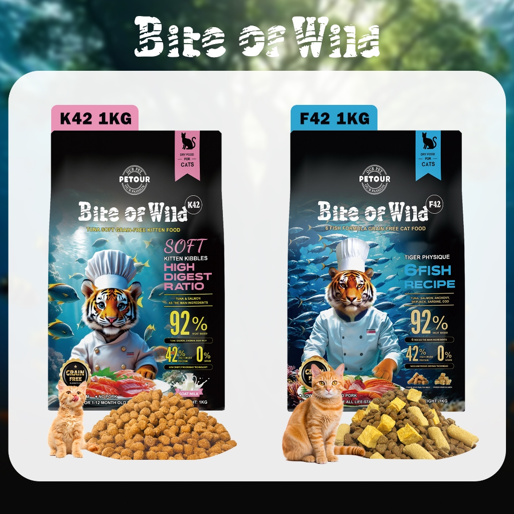 LIVE Bite Of Wild อาหารแมว 1 กก. K42 & F42 เนื้อหาเนื้อ 92% & โปรตีน 42% 0 ธัญพืช