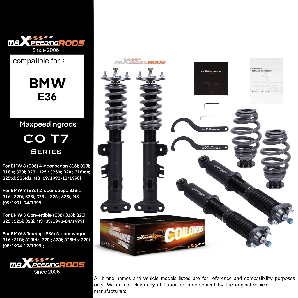 【BMW E36 316i 318i 320i 323i 325i 328i M3】โช๊คอัพคอยล์โอเวอร์ T7 ปรับระดับได้  ปี 1990-1999 โหลดเตี้ย ปรับหนืด 24 ระดับ โช๊คแต่งรถซิ่ง