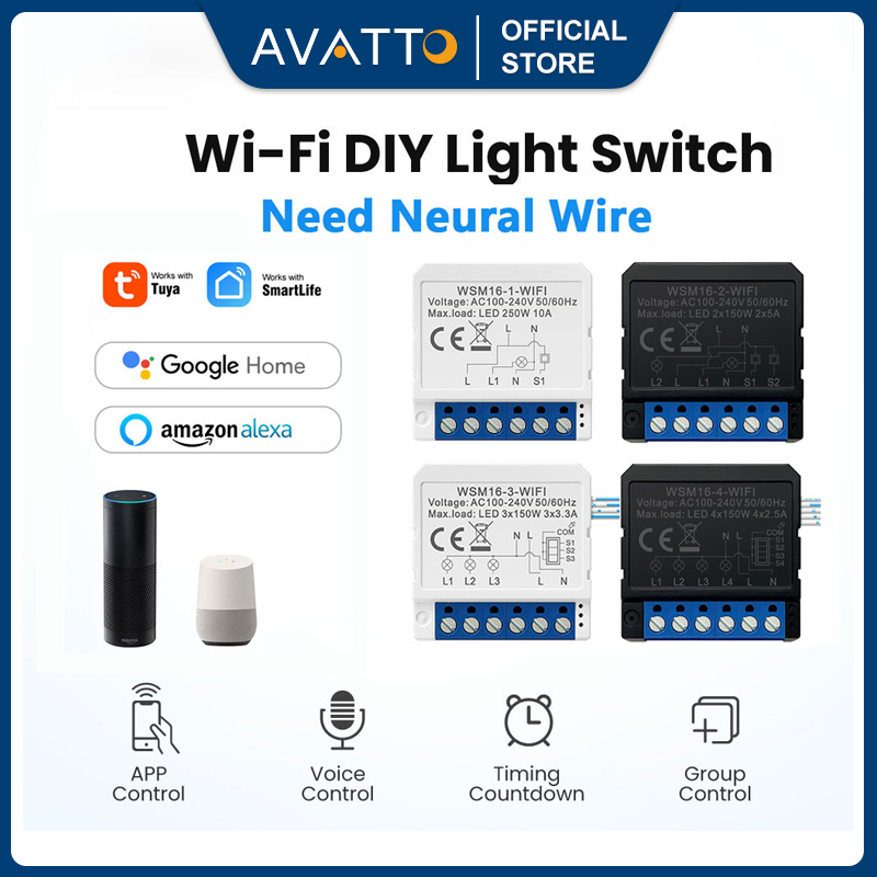 AVATTO WiFi Mini DIY สมาร์ทสวิทช์ Tuya App ระยะไกล 2 วิธีควบคุม 1/2/3/4 แก๊ง Mini DIY Breaker ทํางานสําหรับ Alexa, google home