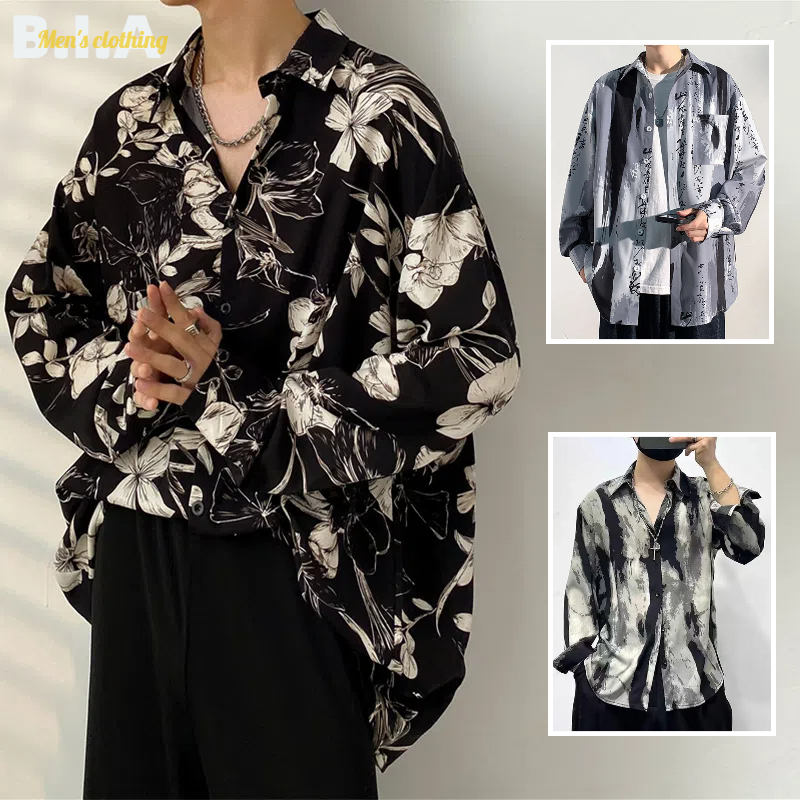 ✨BIA✨ เสื้อเชิ้ตผู้ชาย เสื้อเชิ้ตแขนยาว สไตล์เรโทรเกาหลี ลายหมึก มัดย้อม เดรป ผ้าไหมน้ำแข็ง หลวม เย็น สัมผัสหรูหรา เสื้อตัวบนสำหรับผู้ชาย
