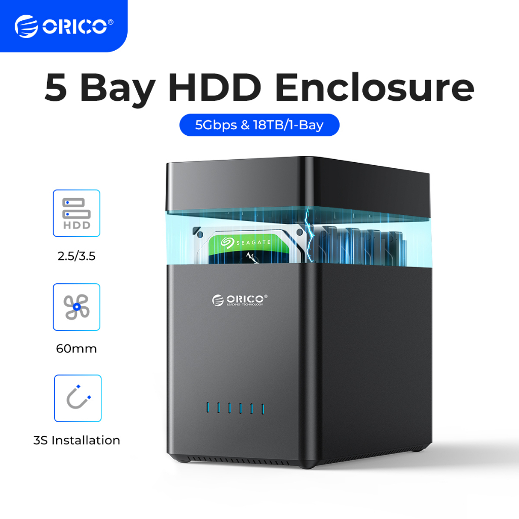 Orico 5 Bay 3.5 นิ้ว Type-C Hard Drive Enclosure SATA3.0 3.5 ใน HDD Case รองรับ UASP MAX 90TB(DS500)