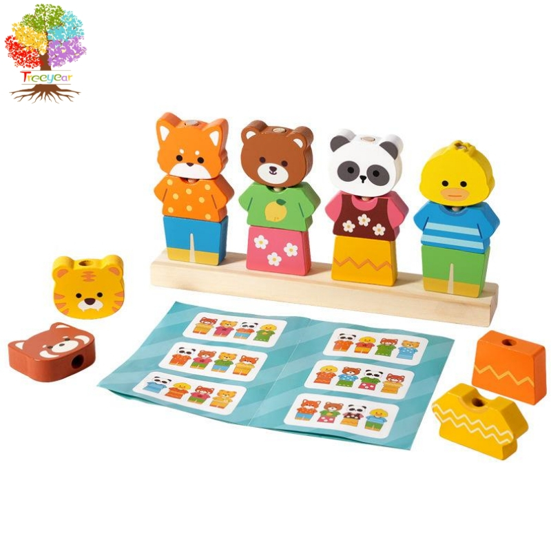 ชุดแต่งตัวสัตว์สําหรับเด็กไม้พร้อมรูปแบบคอลัมน์สําหรับการจดจําสีและทักษะมอเตอร์ชั้นดีการศึกษาในช่วงต้นของเล่นเพื่อการศึก