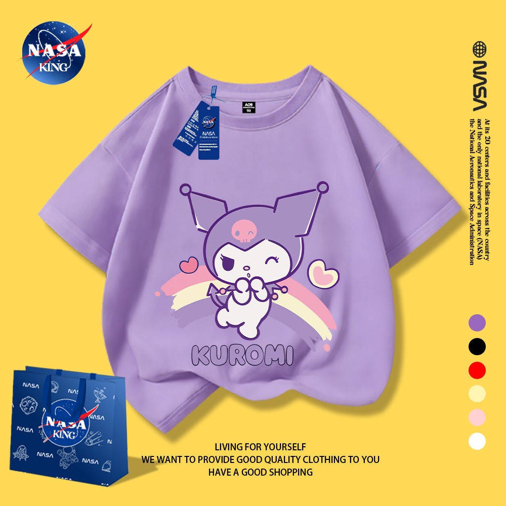 NASA เสื้อยืดเด็ก Kuromi ของแท้ ผ้าฝ้าย 100% ใส่สบาย ระบายอากาศดี แฟชั่นน่ารักยอดนิยม