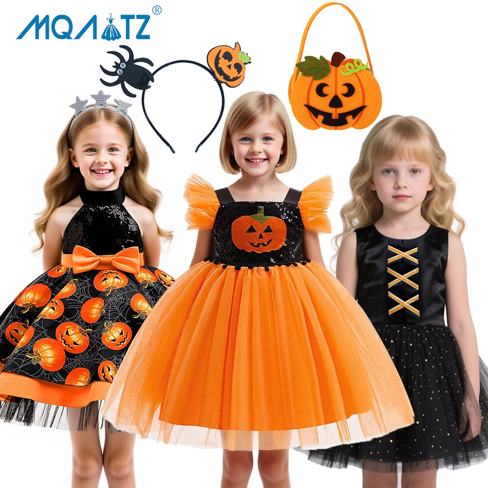 MQATZ ชุดคอสเพลย์ฮาโลวีนสําหรับเด็กผู้หญิง ลายฟักทองน่ารัก ใส่ปาร์ตี้เจ้าหญิง อายุ 0-4 ปี AWS088