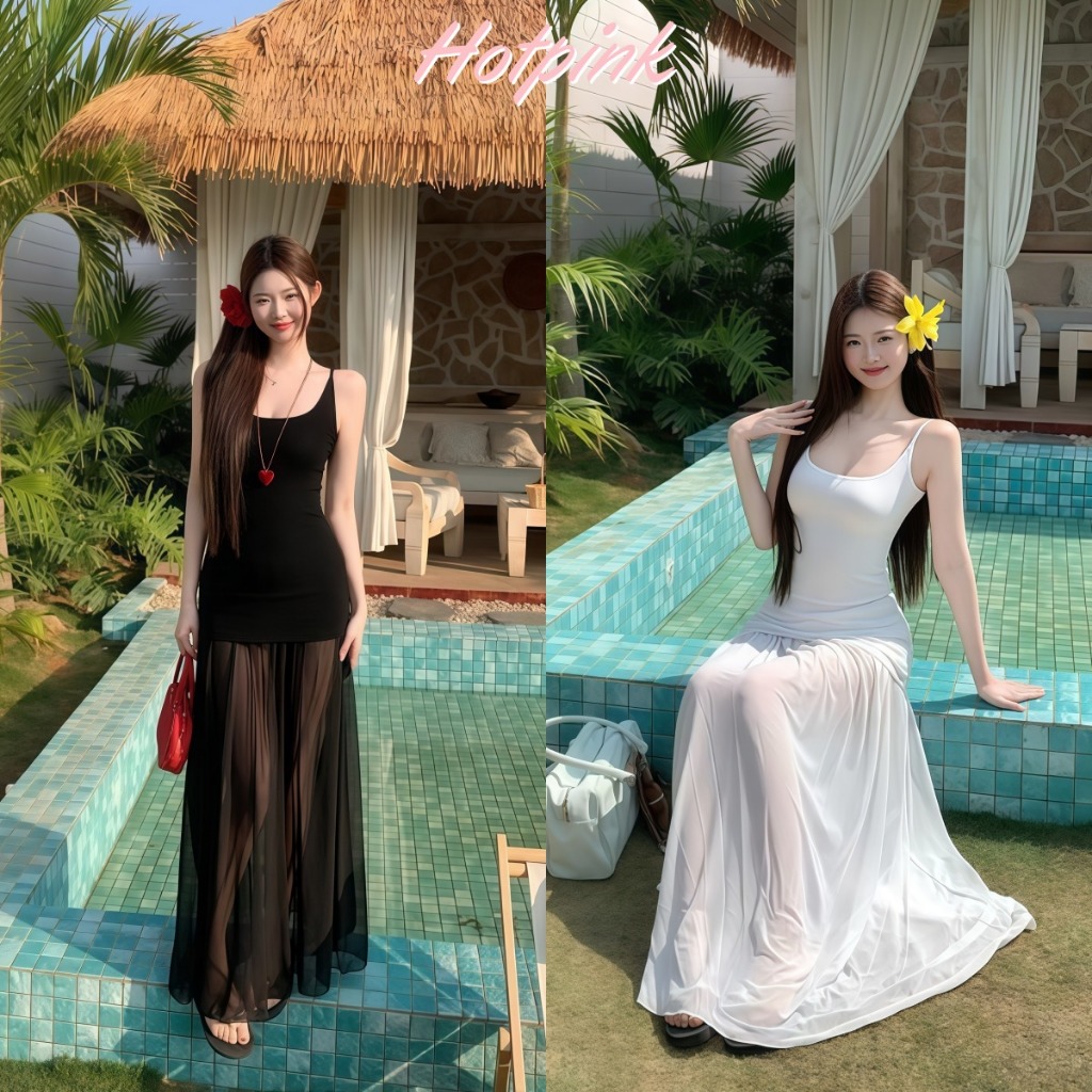 Hotpink ส่งจาก Bangkok🔥ชุดเดรสสลิปผู้หญิง ดีไซน์ผ้าพลีท ผ้าชีฟอง ดีไซน์ช่วงเอว เดรสทรงเอไลน์