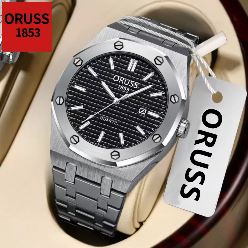 ORUSS รัส ต้นฉบับ ผู้ชายสแตนเลสหรูหราส่องสว่างกันน้ําปฏิทินคู่นาฬิกาเงินแฟชั่นเกาหลีรุ่นควอตซ์นาฬิกาข้อมือ