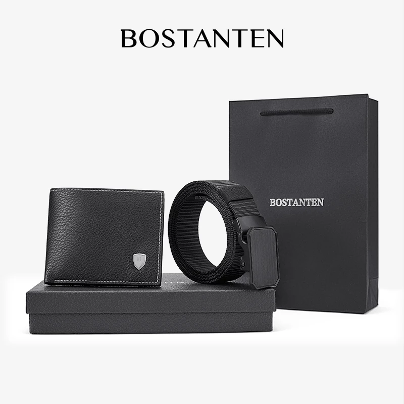 BOSTANTEN เข็มขัดผู้ชายพร้อมกระเป๋าสตางค์ผู้ชาย หนัง PU เซ็ตของขวัญ 2 ชิ้น ใช้งานง่าย
