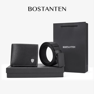 BOSTANTEN เข็มขัดผู้ชายพร้อมกระเป๋าสตางค์ผู้ชาย หนัง PU เซ็ตของขวัญ 2 ชิ้น ใช้งานง่าย