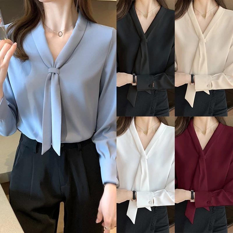 เสื้อเบลาส์สําหรับผู้หญิงเกาหลี สีทึบ คอวี แฟชั่นแขนยาวด้านบน ซาติน,สไตล์ลำลอง เสื้อทำงาน