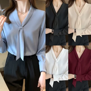 เสื้อเบลาส์สําหรับผู้หญิงเกาหลี สีทึบ คอวี แฟชั่นแขนยาวด้านบน ซาติน,สไตล์ลำลอง เสื้อทำงาน