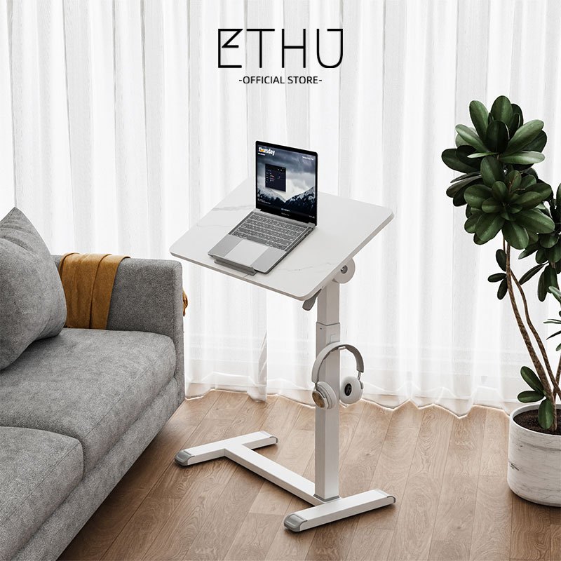 [ETHU] โต๊ะข้างเตียง ปรับมุม90°ด้านเดียว ปรับระดับ71-107.5cm ด้วยแก๊สสปริง ล้อซ่อน รับน้ำหนัก20kg ขนาด77x40cm ขอบกันของหล่น+ตะขอ Overbed Table