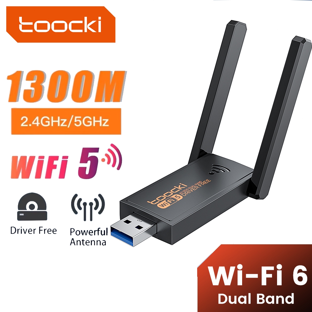 Toocki 1300Mbps USB 3.0 WiFi Adapter Dual Band 2.4G+5Ghz Wi-Fi Dongle Receiver USB การ์ดเครือข่ายไร้สายสําหรับเดสก์ท็อปแล็ปท็อปไดร์เวอร์ฟรีระยะไกล Wi-Fi Router