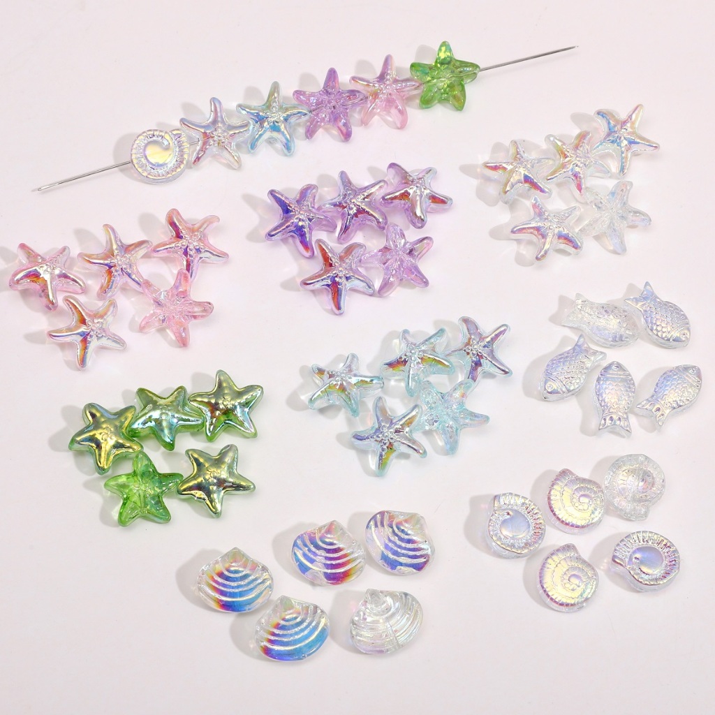 ลูกปัดสำหรับทำเครื่องประดับ DIY แบบElectroplated AB: รวมปลาดาว, เปลือกหอย, หอยทาก, และปลาแก้ว