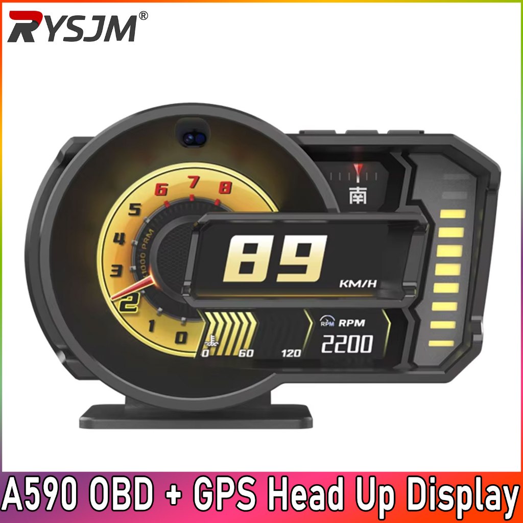 A590 รถ OBD GPS OBD2 เมตรดิจิตอล OBD2 เครื่องสแกนเนอร์นาฬิกาปลุกความเร็วจอแสดงผล Speedometer HUD