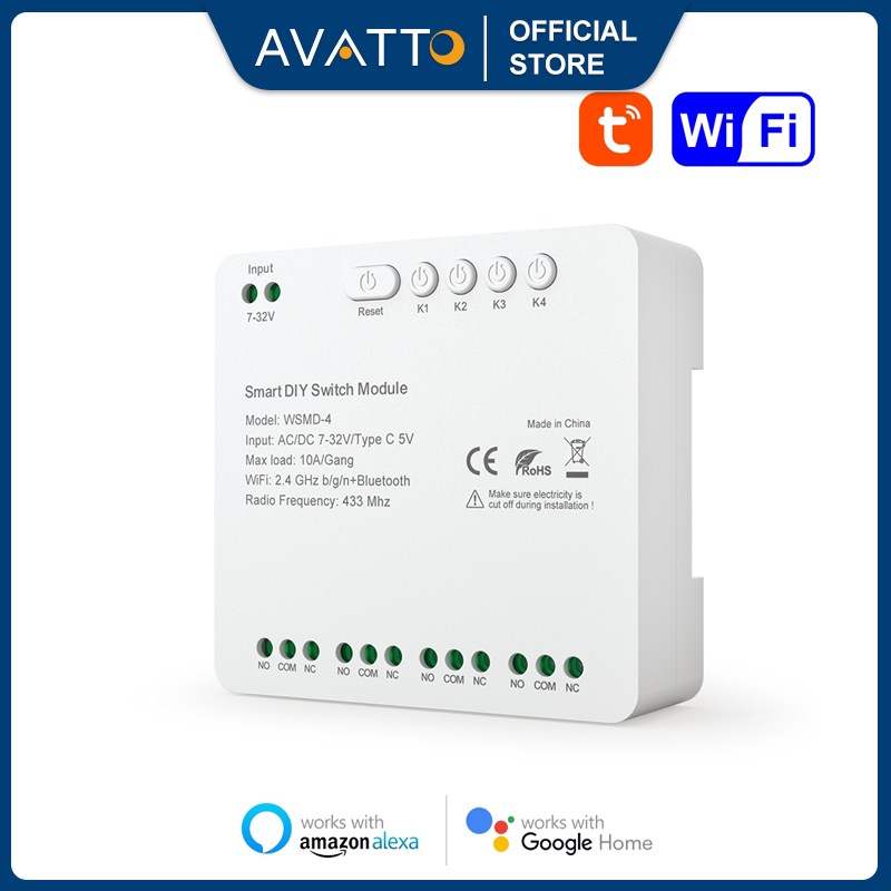 AVATTO Tuya โมดูลสวิตช์อัจฉริยะ WiFi 4 ช่อง 7-32V 85-250V RF 433 พร้อมรีโมตคอนโทรล Alexa Google Home