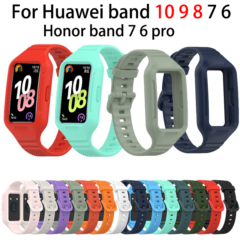 สายซิลิโคนสําหรับ Huawei Band 10 9 8 7 6 Honor Band 6 Pro คุณภาพสูงนาฬิกาสายรัดข้อมือกีฬาอุปกรณ์เสริมกรณีสร้อยข้อมือคลุมทั้งหมด