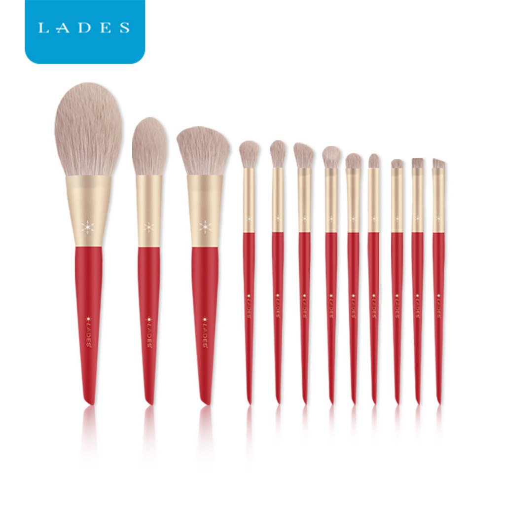 LADES แปรงแต่งหน้า, ชุดแปรงแต่งหน้าสีแดงคุณภาพสูง 12 ชิ้น, หลอดอลูมิเนียมหนา, เครื่องมือความงามบนใบหน้าขนเทียมนุ่ม
