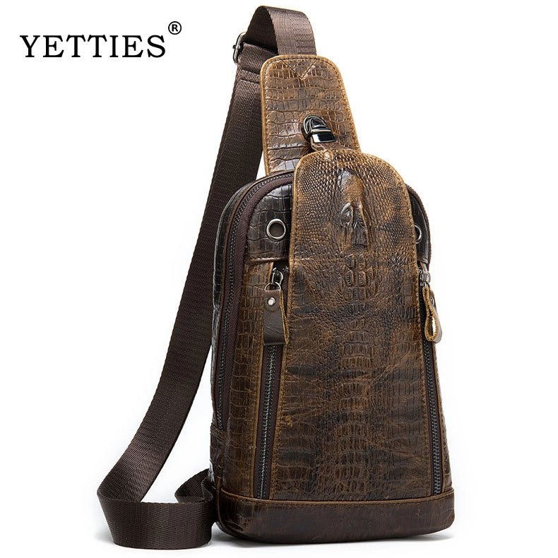 YETTIES กระเป๋าคาดหน้าอกหนังแท้สีทึบหนังจระเข้ออกแบบผู้ชายกระเป๋า ผู้สื่อสาร