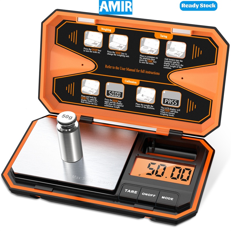 AMIR 500g x 0.01g เครื่องชั่งกรัมดิจิตอล, เครื่องชั่งเครื่องประดับขนาดเล็ก, เครื่องชั่งพกพาความแม่นยําสูงพร้อมน้ําหนักสอบเทียบ 50g, สําหรับทอง/เงิน/อัญมณี/อาห