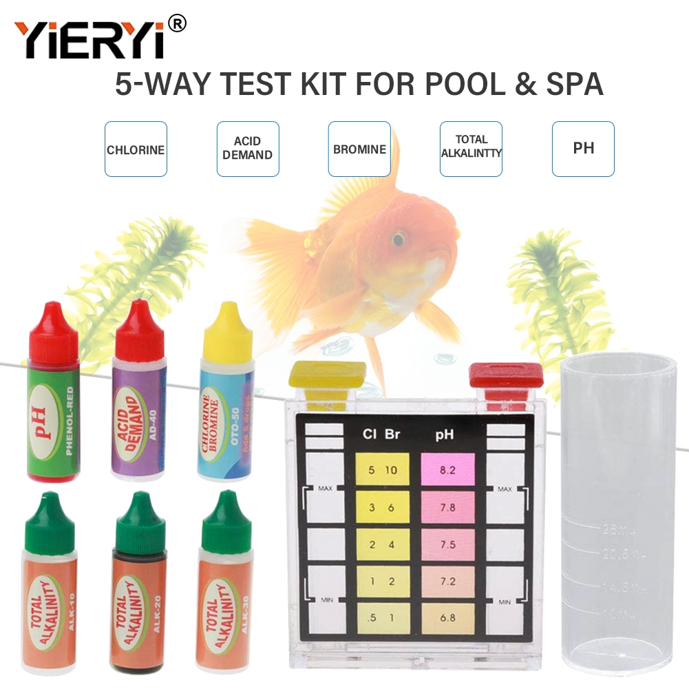 YIERYI 5-in-1 สระว่ายน้ําน้ําพุร้อนชุดทดสอบคุณภาพน้ําทดสอบสําหรับคลอรีนตกค้าง/โบรมีน/ปริญญาเอก/รวมด่าง/ความต้องการกรด เหมาะสําหรับสระว่ายน้ํา/น้ําพุร้