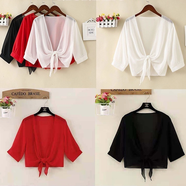 ผู้หญิงบางสีทึบท็อปส์, ปมด้านหน้าคาร์ดิแกน, ชีฟองหลวมที่สง่างามเสื้อปกขึ้น