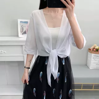 แฟชั่นคาร์ดิแกนชีฟองบางครึ่งแขน,สีทึบเสื้อคลุมดวงอาทิตย์ผ้าบางนุ่ม (เฉพาะเสื้อ)