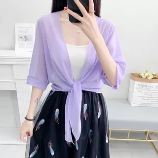 แฟชั่นคาร์ดิแกนชีฟองบางครึ่งแขน,สีทึบเสื้อคลุมดวงอาทิตย์ผ้าบางนุ่ม (เฉพาะเสื้อ)